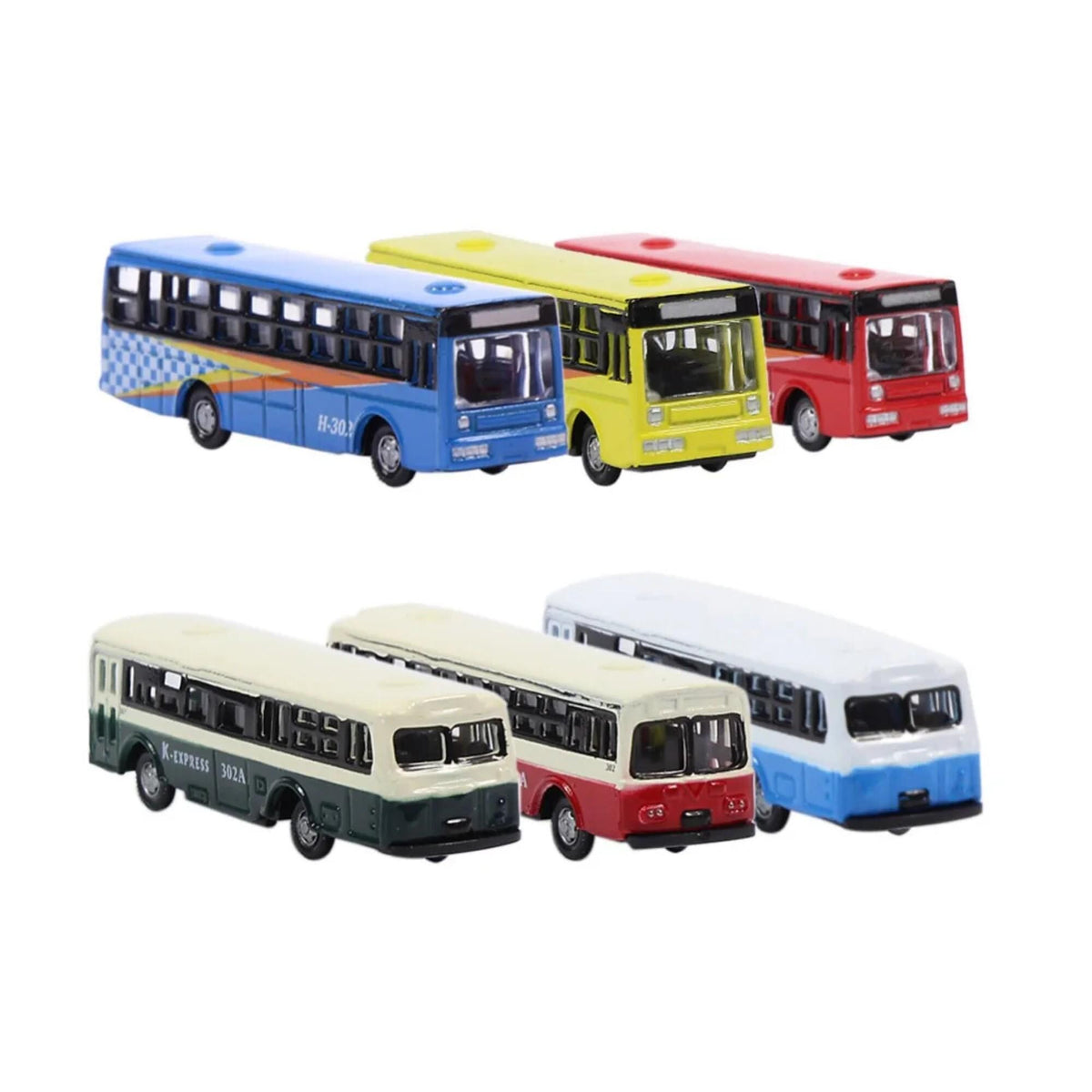 6pcs N Scale 1:160 Diecast Mini Model Buses Free Wheels Train Layout Vehicles